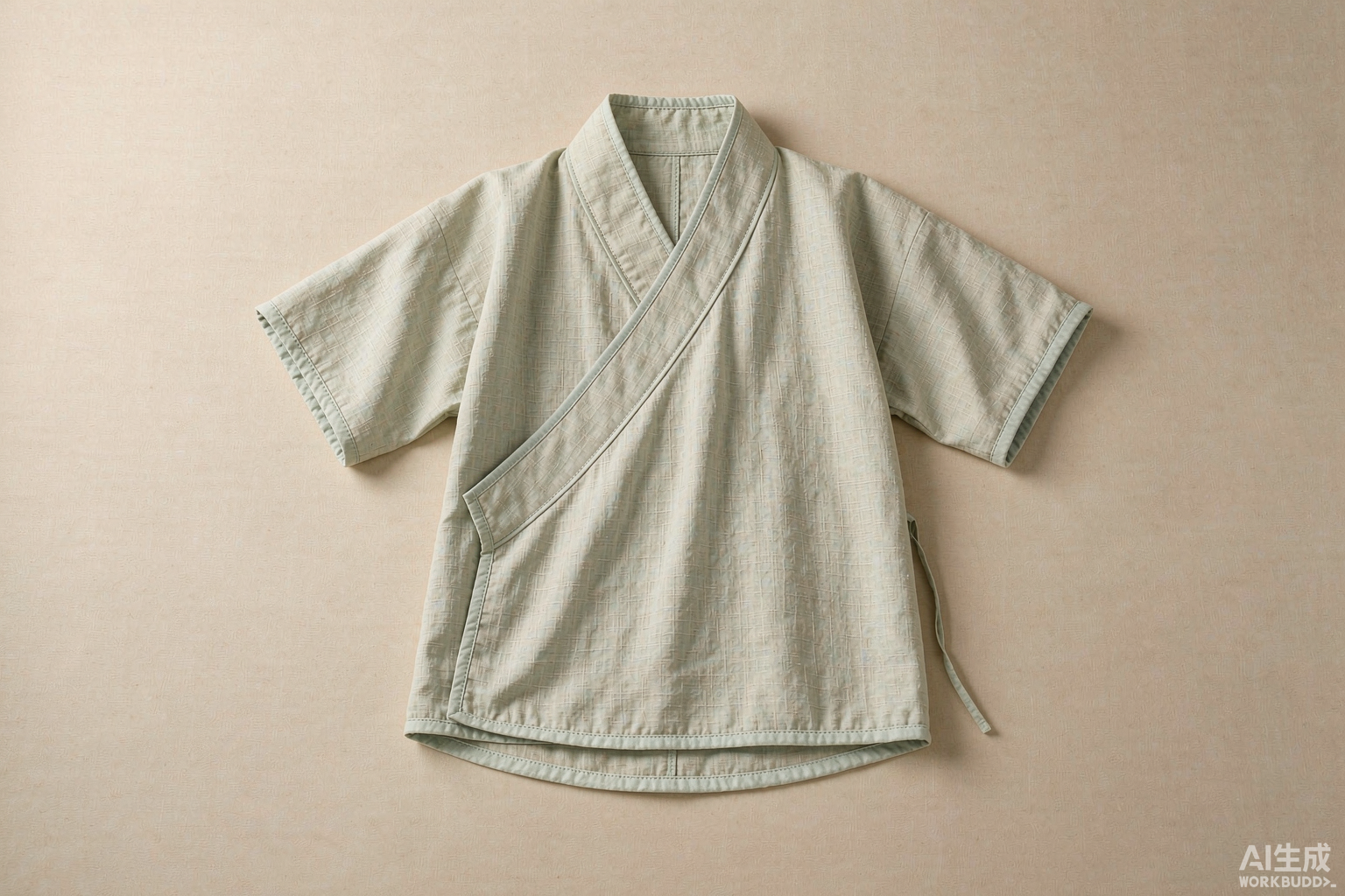 一件浅青色棉麻半臂平铺展开:交领右衽,袖子是短袖、袖长只到肘部上方、袖口宽松,衣侧垂着细系带