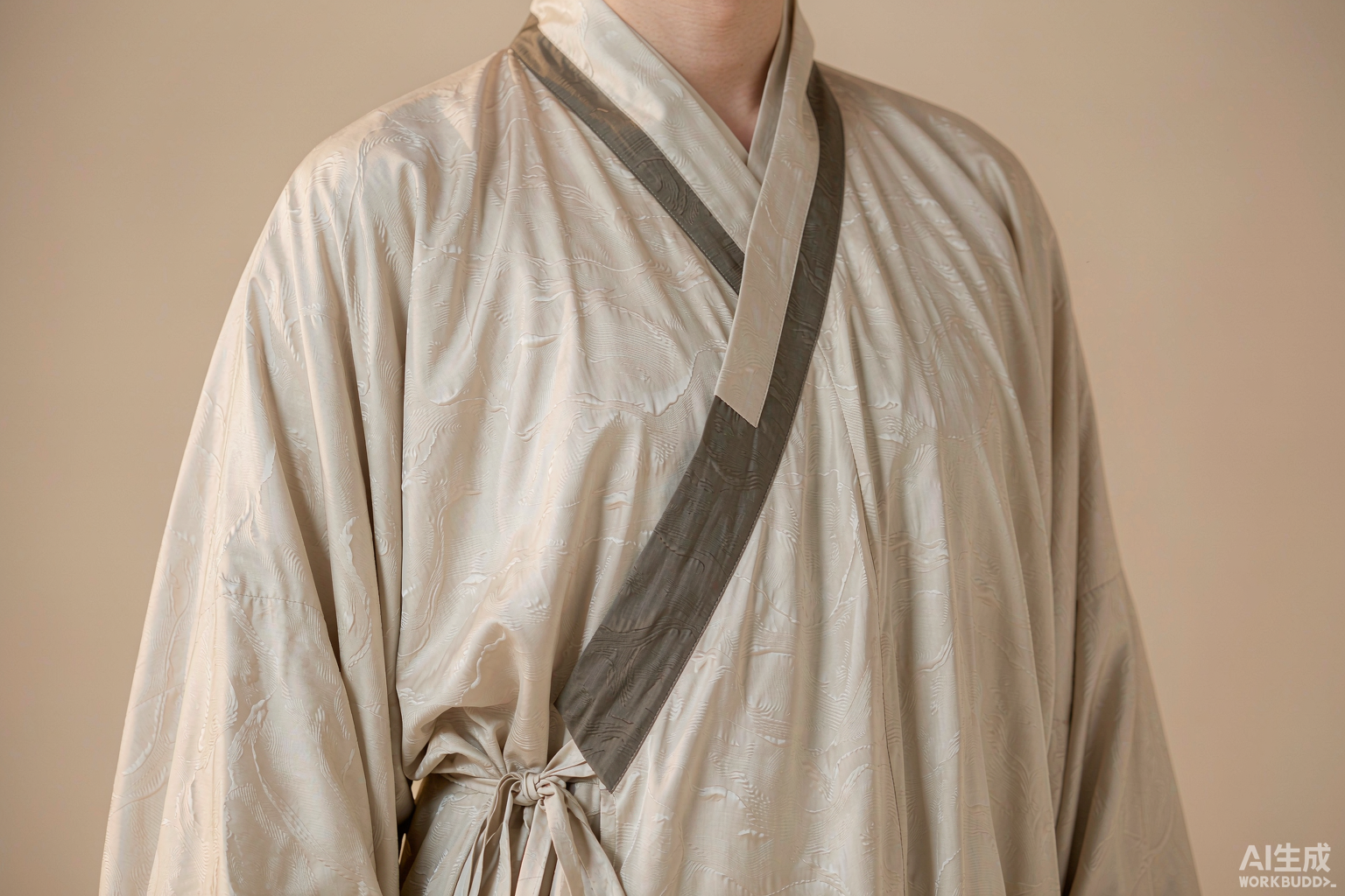 交领右衽的领部特写:两片领缘在胸前斜向交叠形成