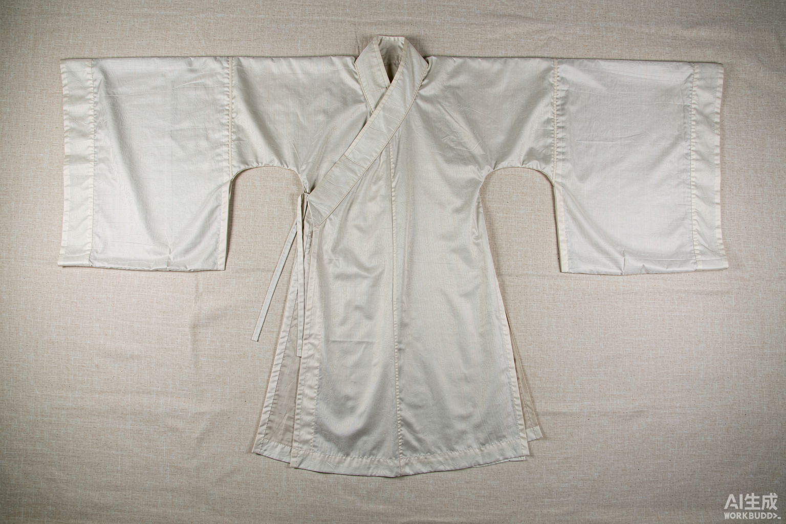 一件月白色汉服大袖衫平铺展开：交领右衽，两侧袖子宽大平伸、袖口宽阔不收，呈宽大方正的袋状，衣长过膝，衣侧垂着细系带
