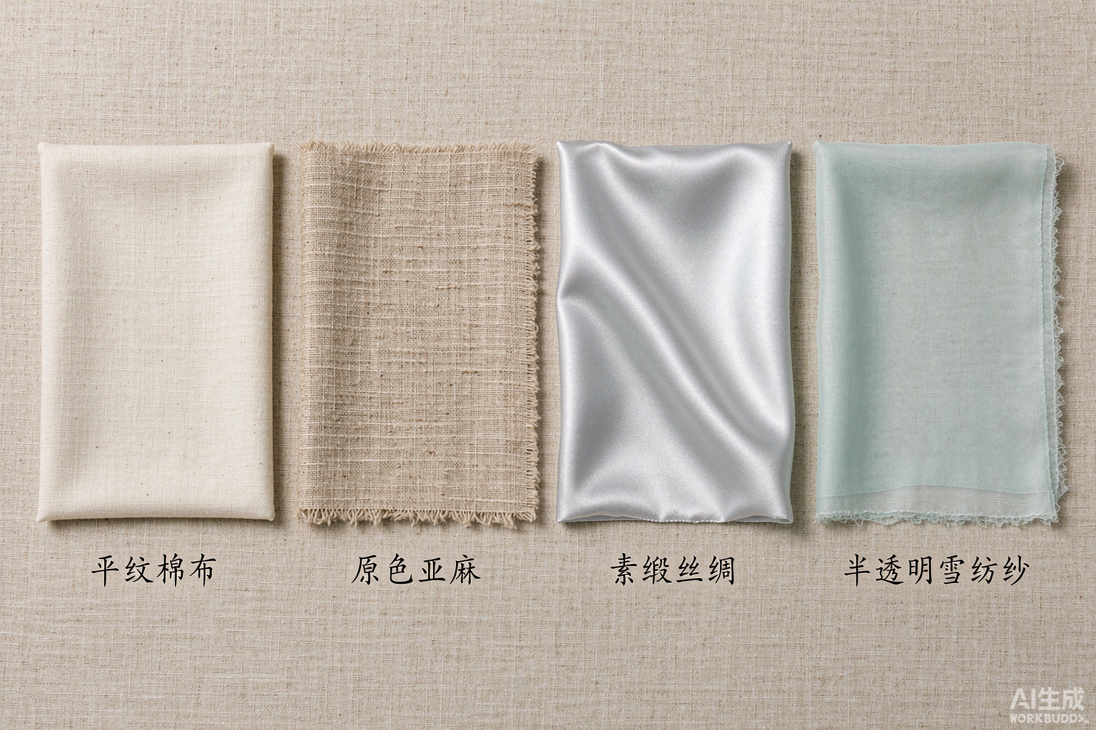 汉服常用面料对比:米白平纹棉、原色亚麻、月白丝绸缎面与浅青雪纺