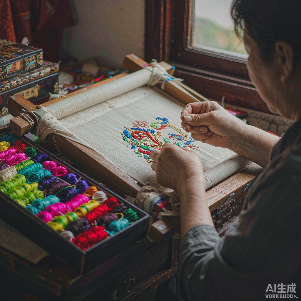 绣娘手工刺绣：手持细针在绣架上专注绣制，旁边是各色丝线