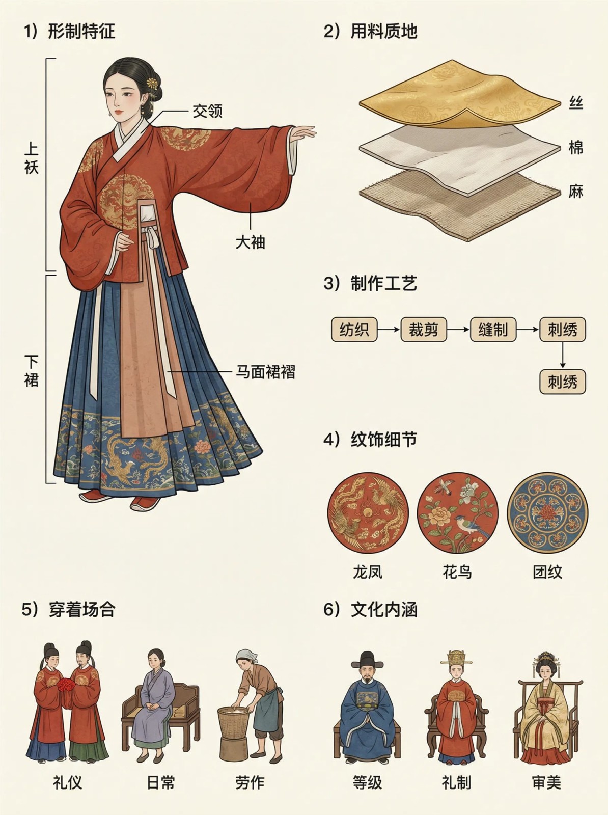 明代袄裙形制信息图:标注交领、大袖、马面裙褶与上袄下裙结构,附丝棉麻用料样本、纺织裁剪缝制刺绣工艺流程与龙凤花鸟团纹