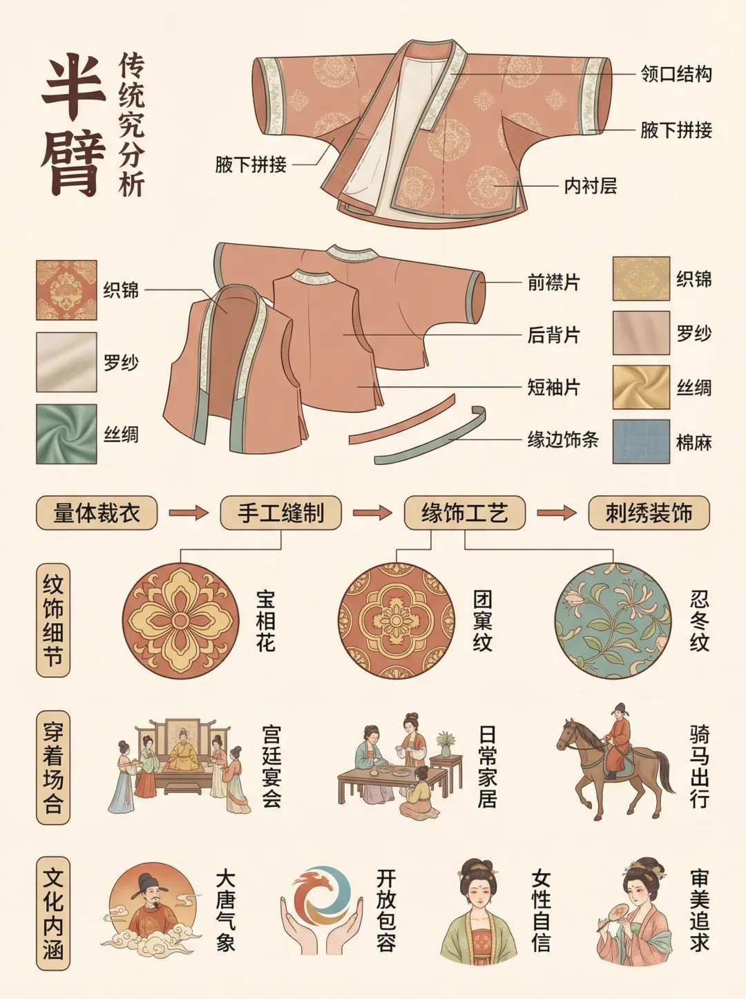 半臂形制信息图:标注领口结构、腋下拼接与内衬层,展开前襟片后背景片与短袖片,附织锦罗纱丝绸棉麻用料样本、缘饰工艺与宝相花团窠纹忍冬纹