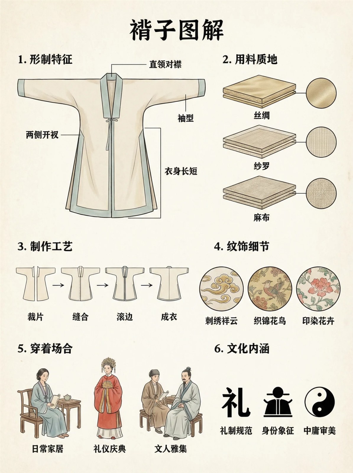 褙子图解:标注直领对襟、袖型、两侧开衩与衣身长短,附丝绸纱罗麻布用料、裁片缝合滚边成衣流程与刺绣祥云织锦花鸟纹