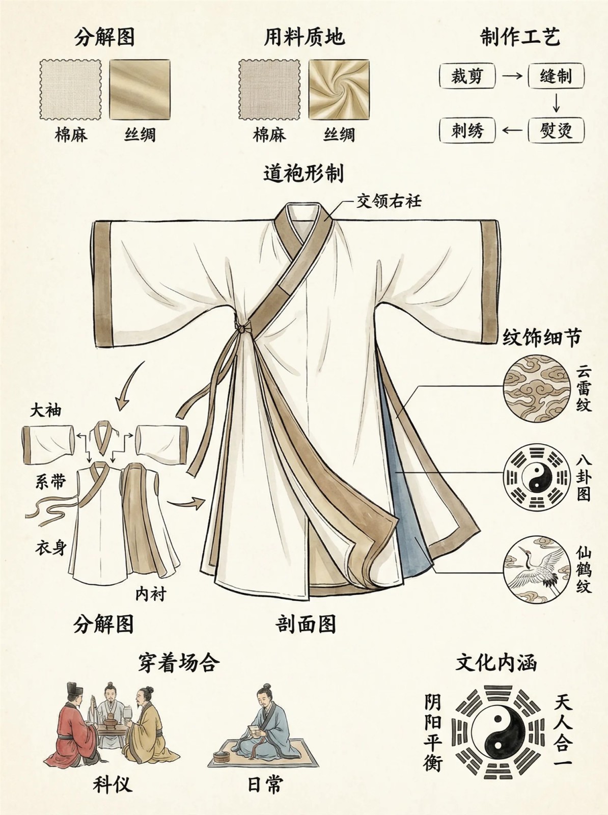 道袍形制信息图:标注交领右衽、大袖、系带与内衬,分解图展示衣身袖片结构,附棉麻丝绸用料、裁剪缝制刺绣熨烫流程与云雷纹八卦图仙鹤纹