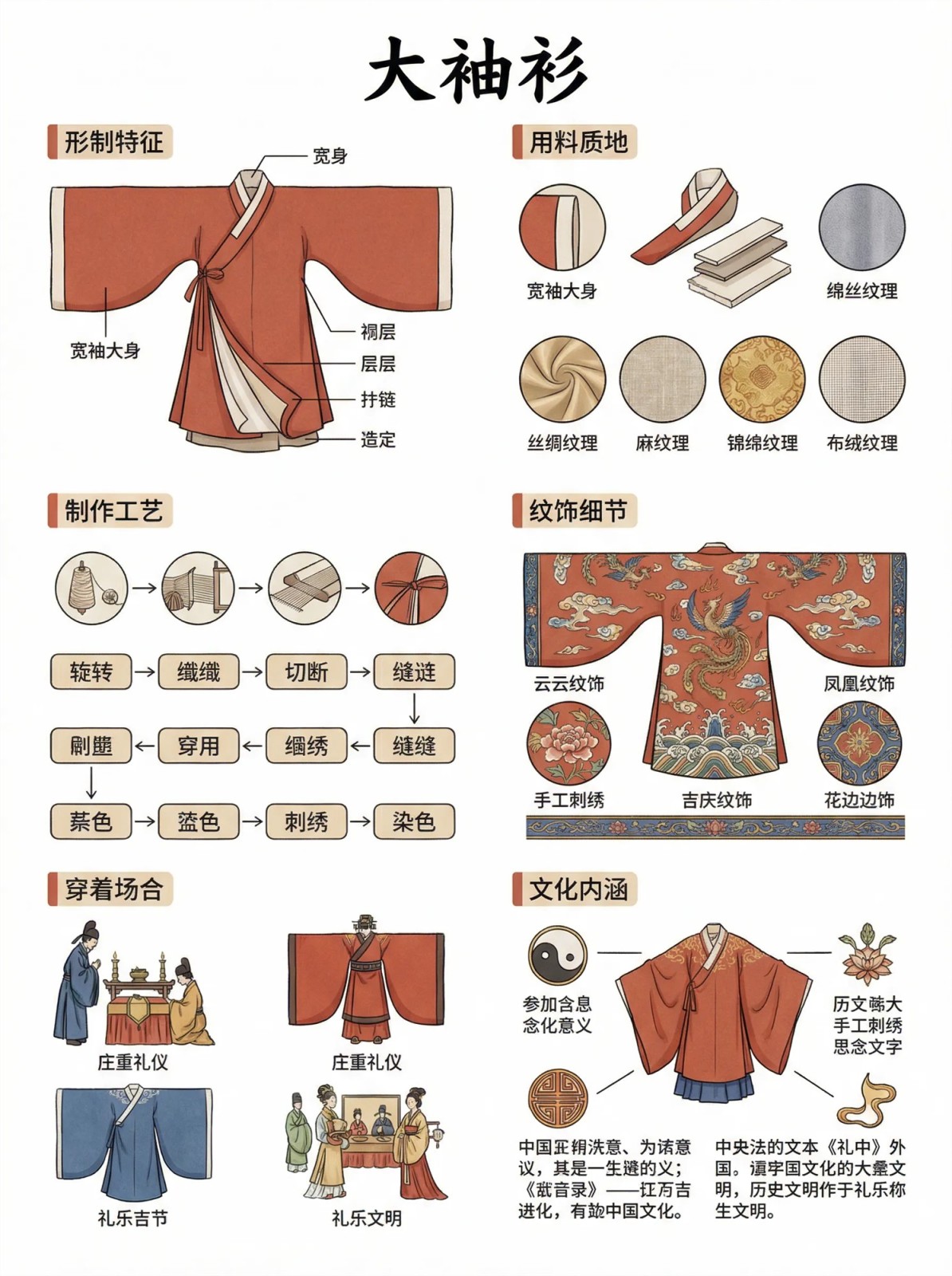 大袖衫形制信息图:标注宽袖大身、裥层与层迭结构,附宽袖大身与绵丝织锦等用料样本、纺织裁剪缝合刺绣染色流程与云纹凤凰纹吉庆纹