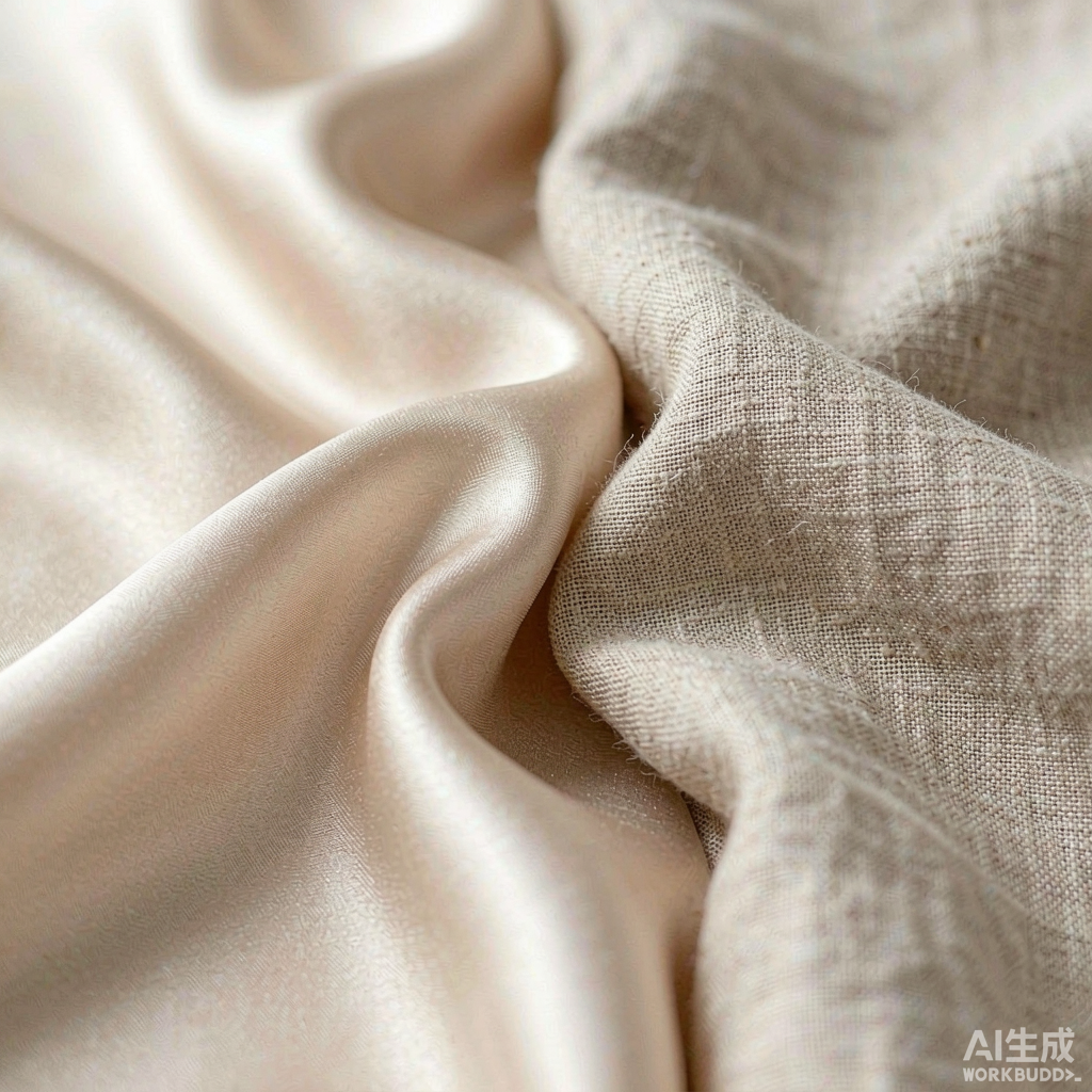 真丝缎光泽垂坠与棉麻混纺哑光纹理的面料质感对比