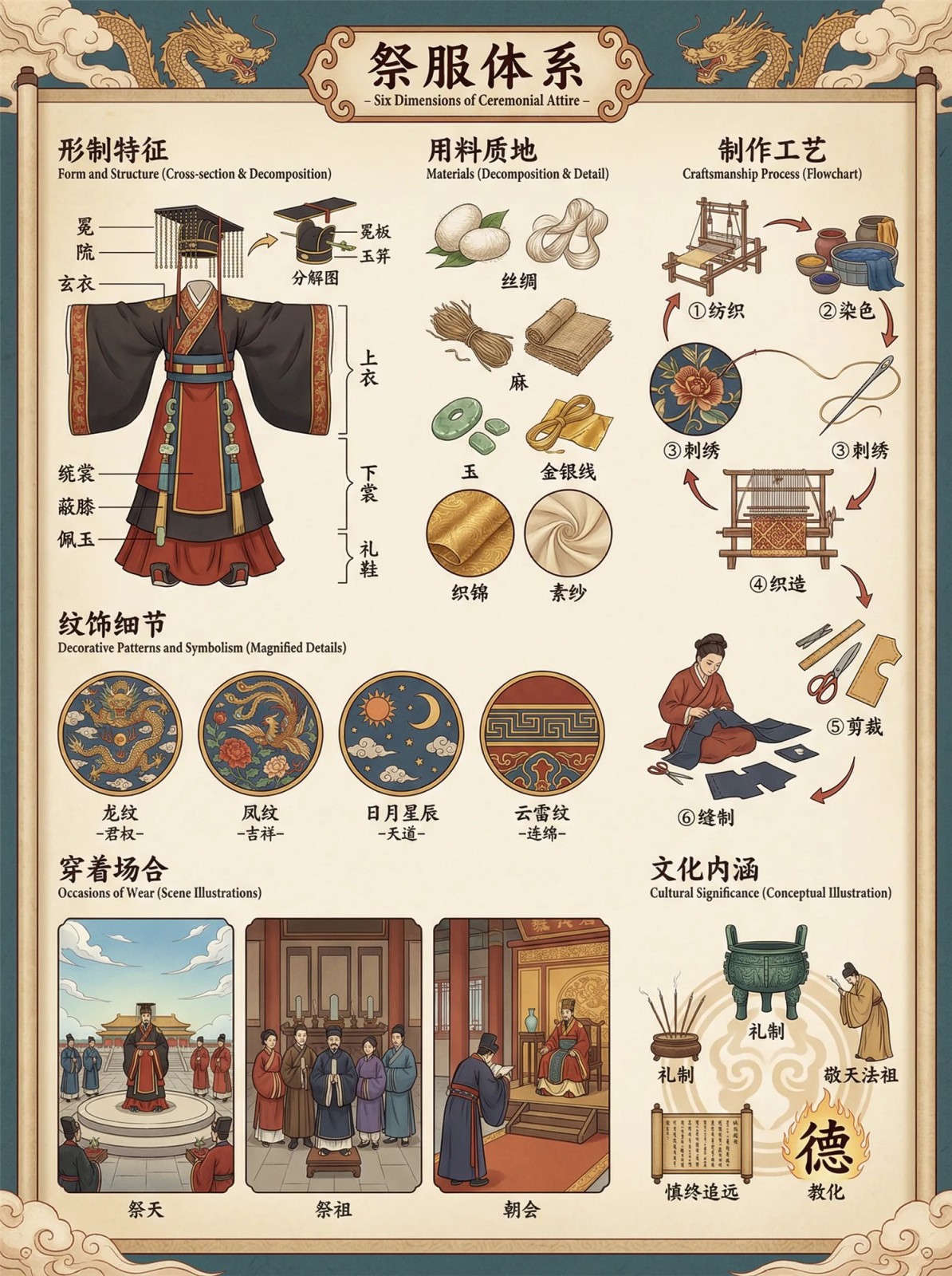 祭服体系信息图:标注冕、旒、玄衣、纁裳、蔽膝、佩玉等组件,附丝绸麻玉金银线用料、纺织染色刺绣剪裁缝制流程与龙纹凤纹日月星辰云雷纹