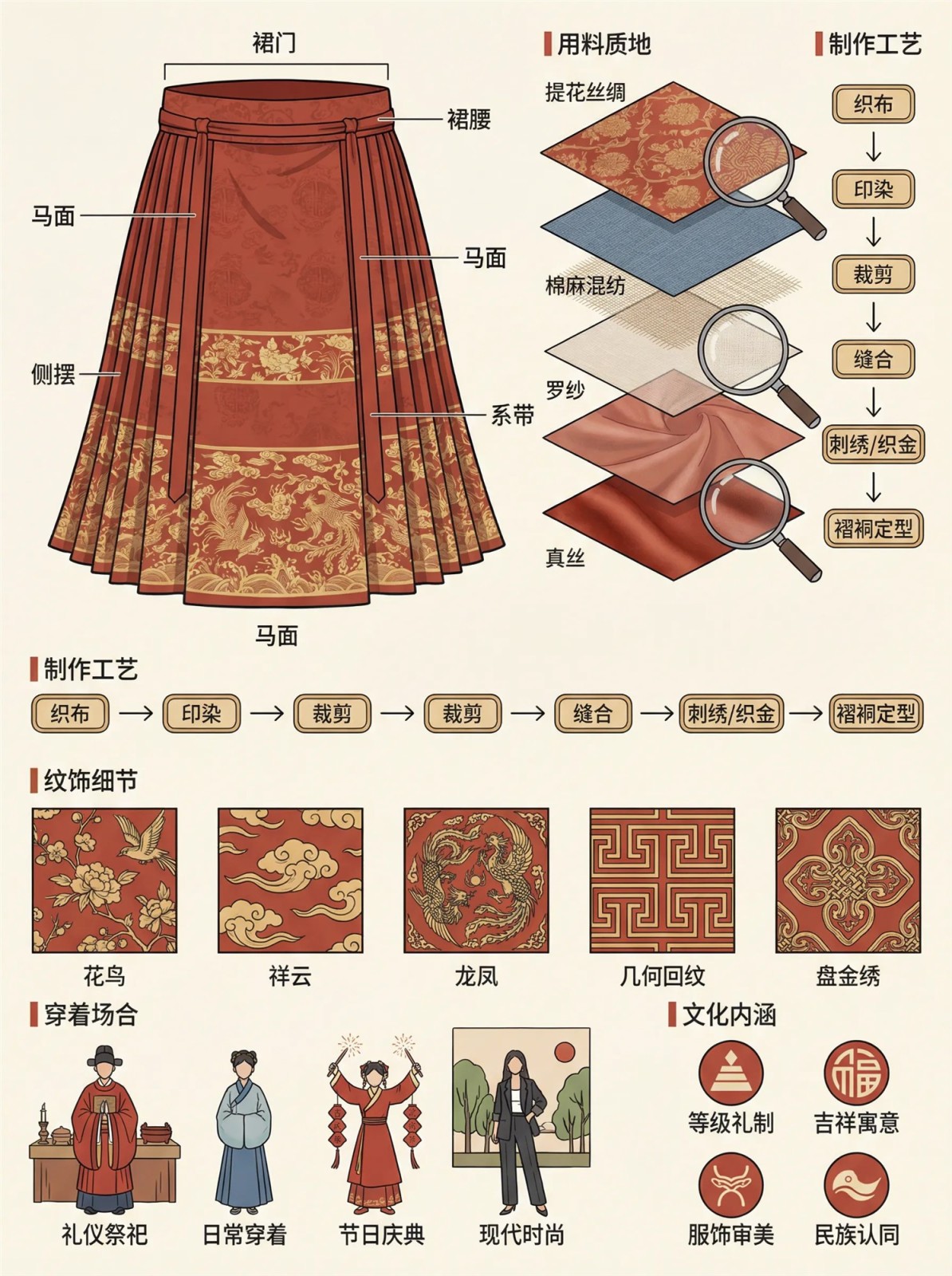 马面裙形制信息图:标注裙门、裙腰、马面、侧摆与系带,附提花丝绸棉麻混纺罗纱真丝用料样本、织布印染裁剪缝合刺绣褶裥定型流程与龙凤祥云盘金绣纹样
