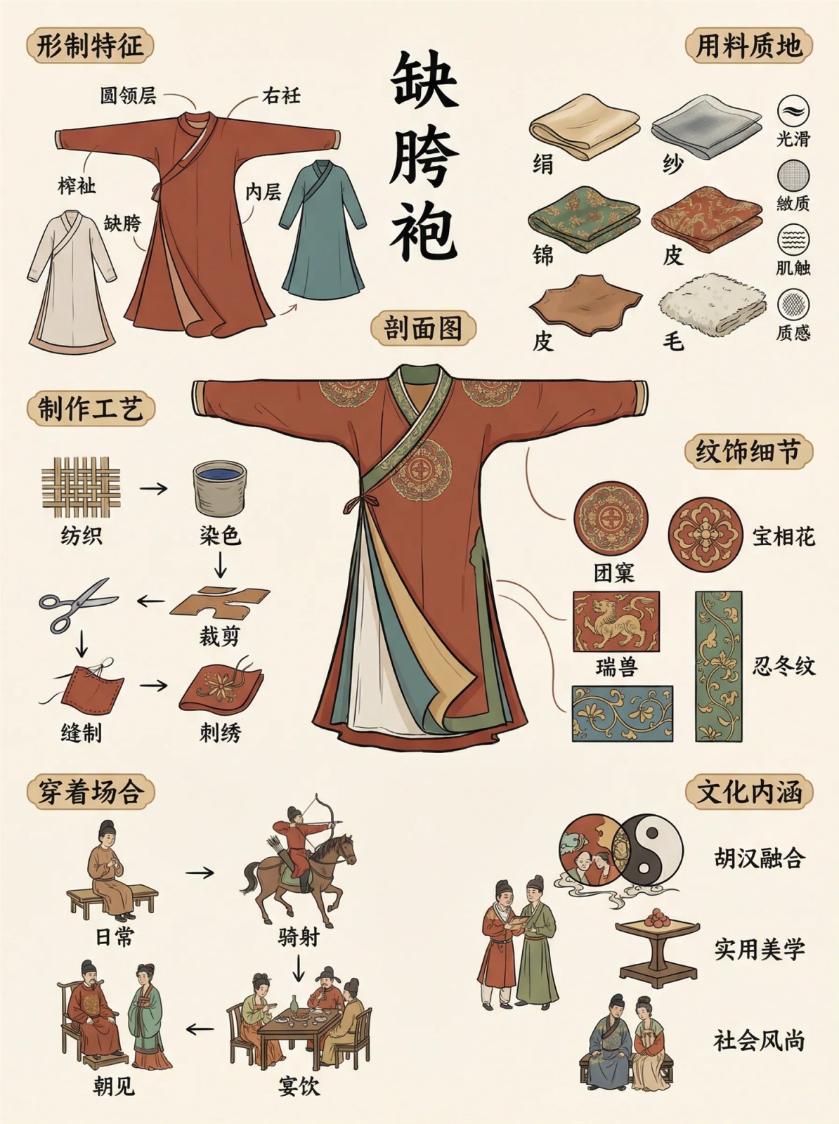缺胯袍形制信息图:标注圆领层、右衽、缺胯与内层,附绢纱锦皮毛用料样本、纺织染色裁剪缝制刺绣工艺流程、宝相花团窠瑞兽忍冬纹及骑射宴饮日常场景