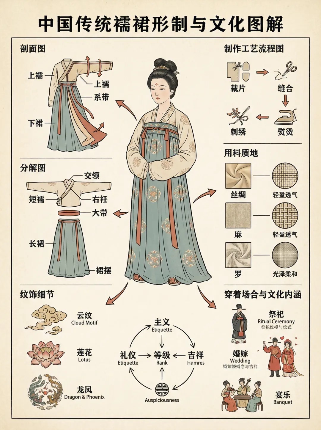 传统襦裙形制与文化图解:标注上襦、下裙、系带、交领、右衽、大带与裙摆,附裁片缝合刺绣熨烫工艺流程图,以及云纹莲花龙凤等纹饰与祭祀婚嫁宴乐场景