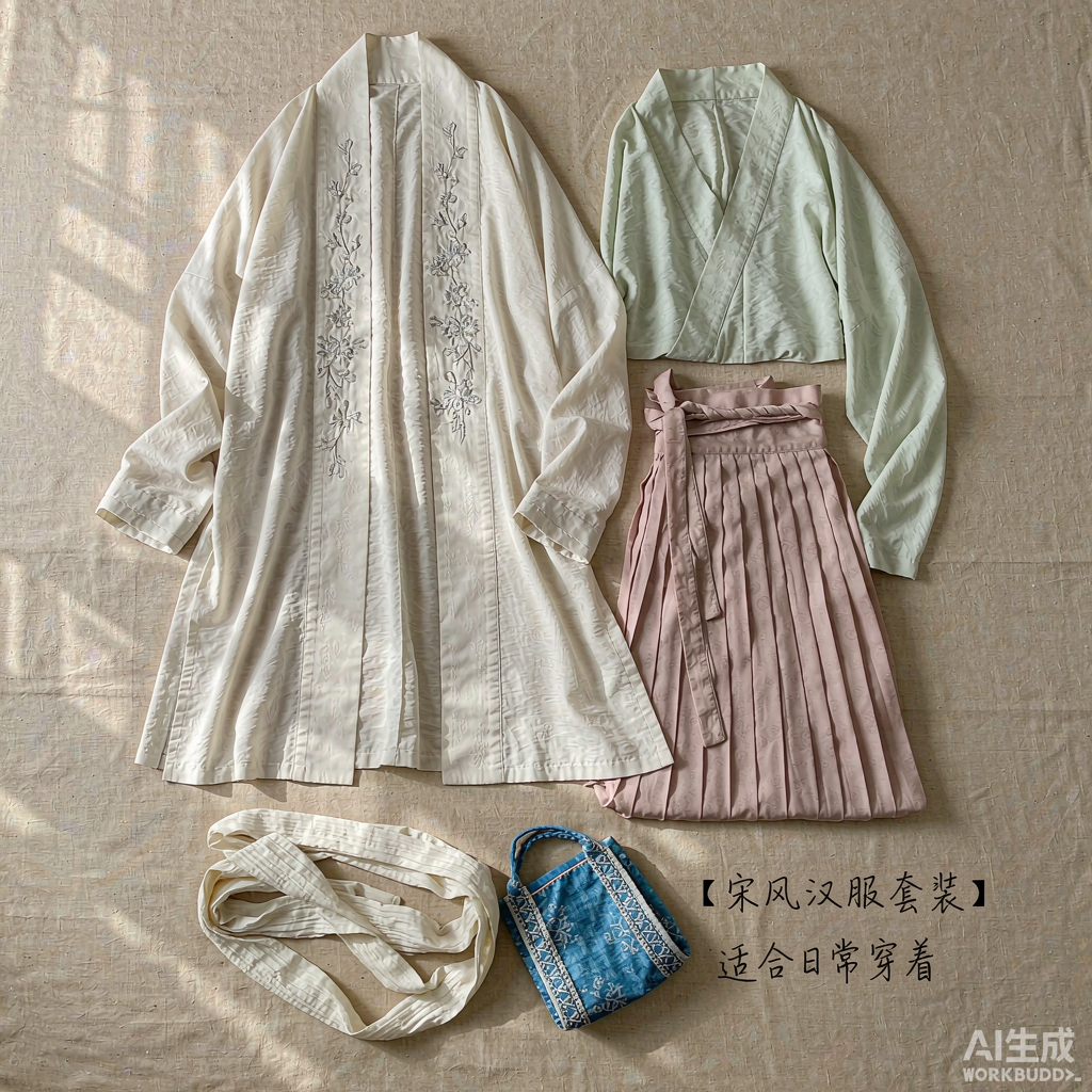 一套完整的新手友好宋制汉服（褙子、裙、内搭、腰带）平铺展示