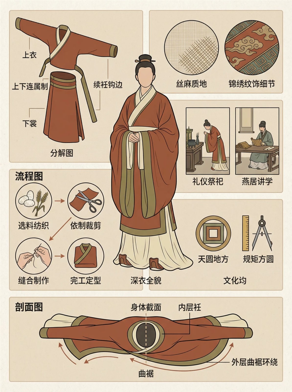 深衣形制信息图:分解图展示上衣下裳与续衽钩边结构,流程图展示选料纺织到完工定型,剖面图展示曲裾环绕身体的空间关系,以及天圆地方与规矩方圆的观念图解