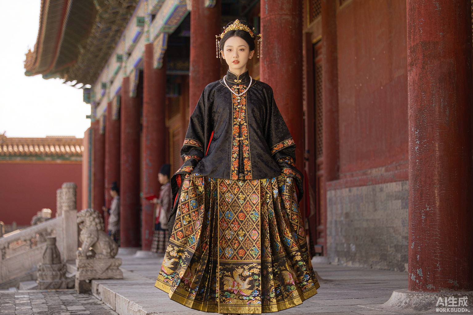 明代端庄汉服场景:立领织金袄配马面裙,庭院红柱石狮