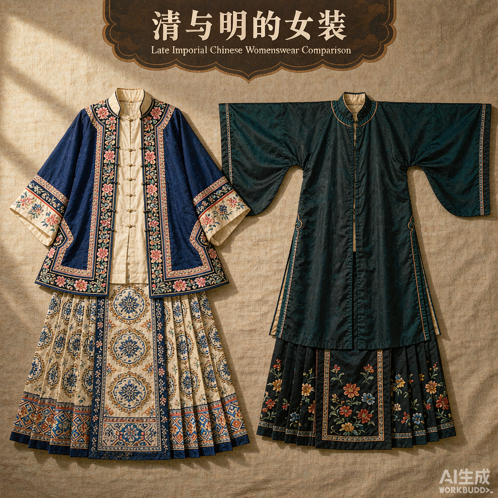 明清女装结构对比:左侧汉族袄裙配马面裙,右侧满式长袍侧襟