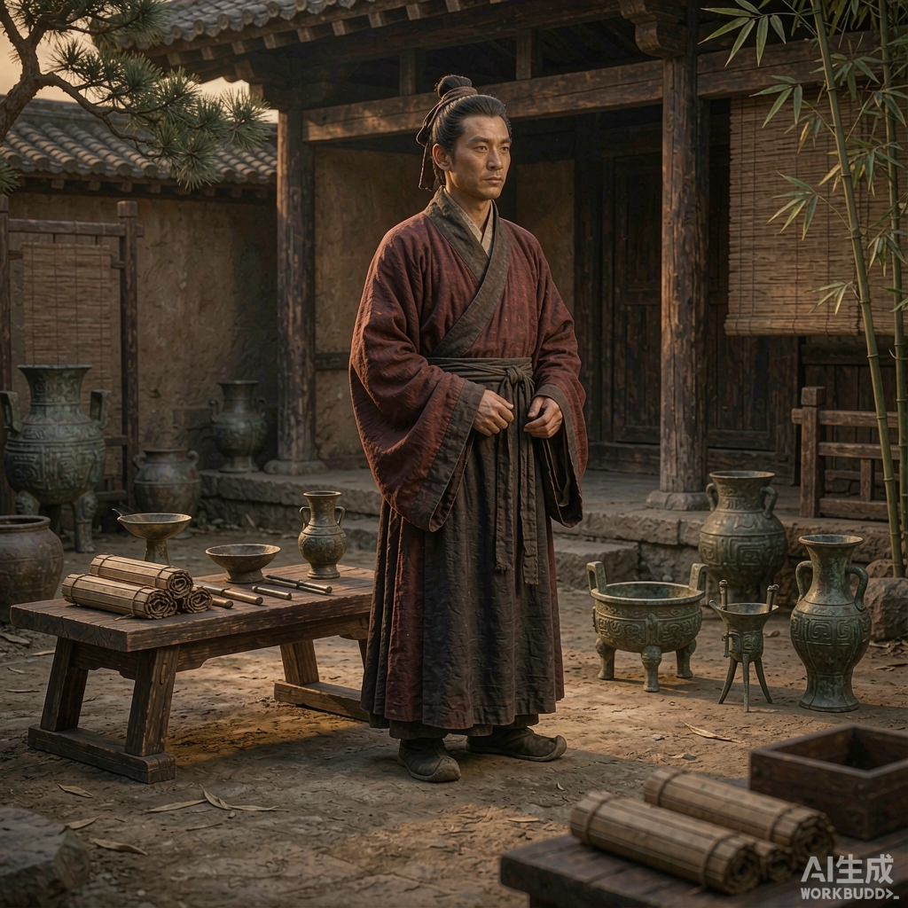 先秦深衣:简朴的连体长袍与宽大腰带,置于青铜器与竹简之间