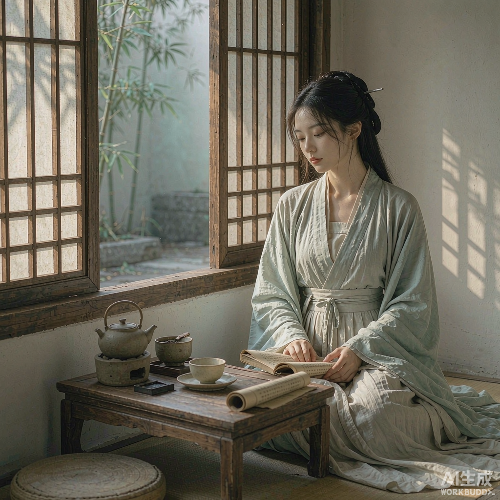 宋代雅致场景：素色褙子与百迭裙，临窗读书，色调清雅