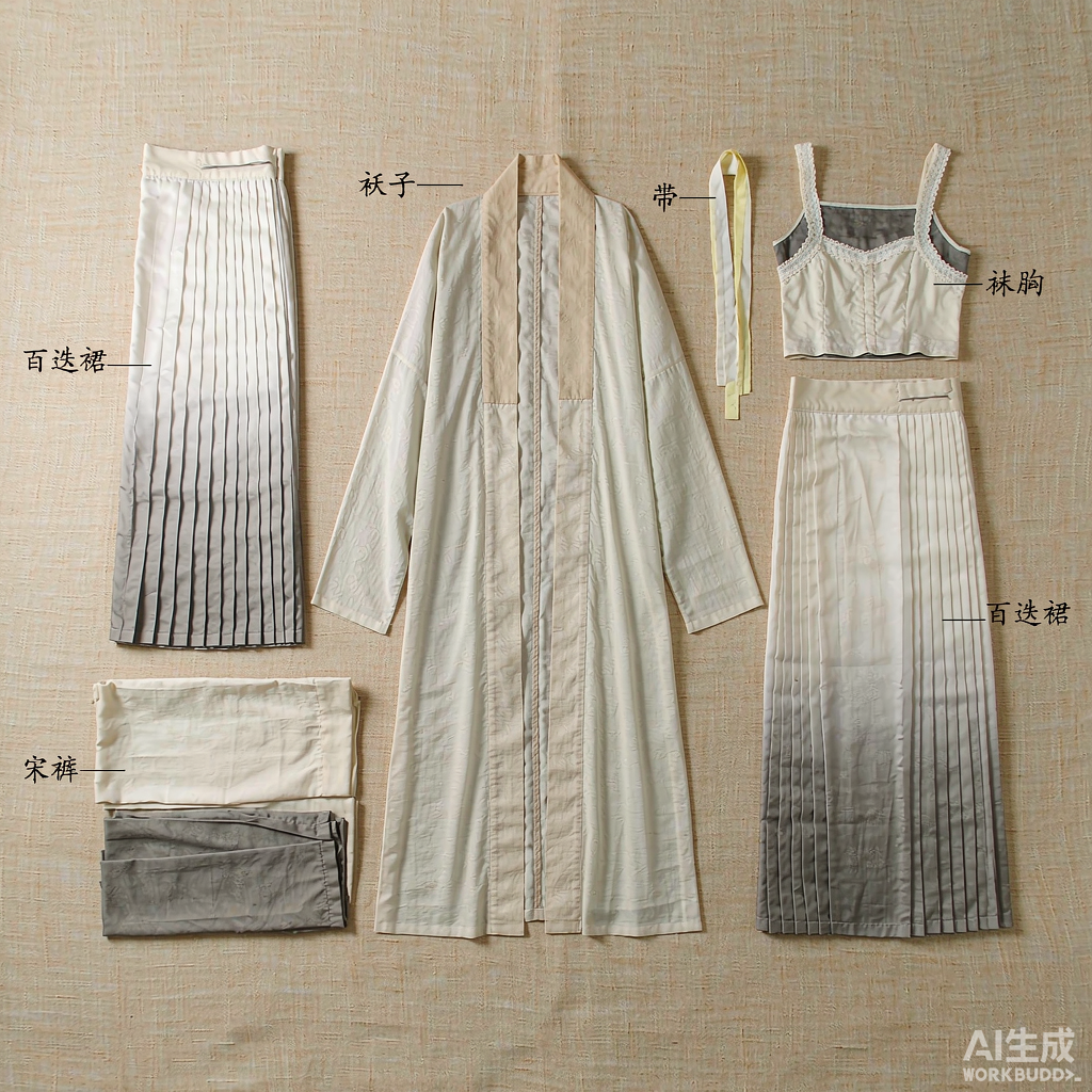 宋制全套平铺:褙子+百迭裙+宋裤+抹胸