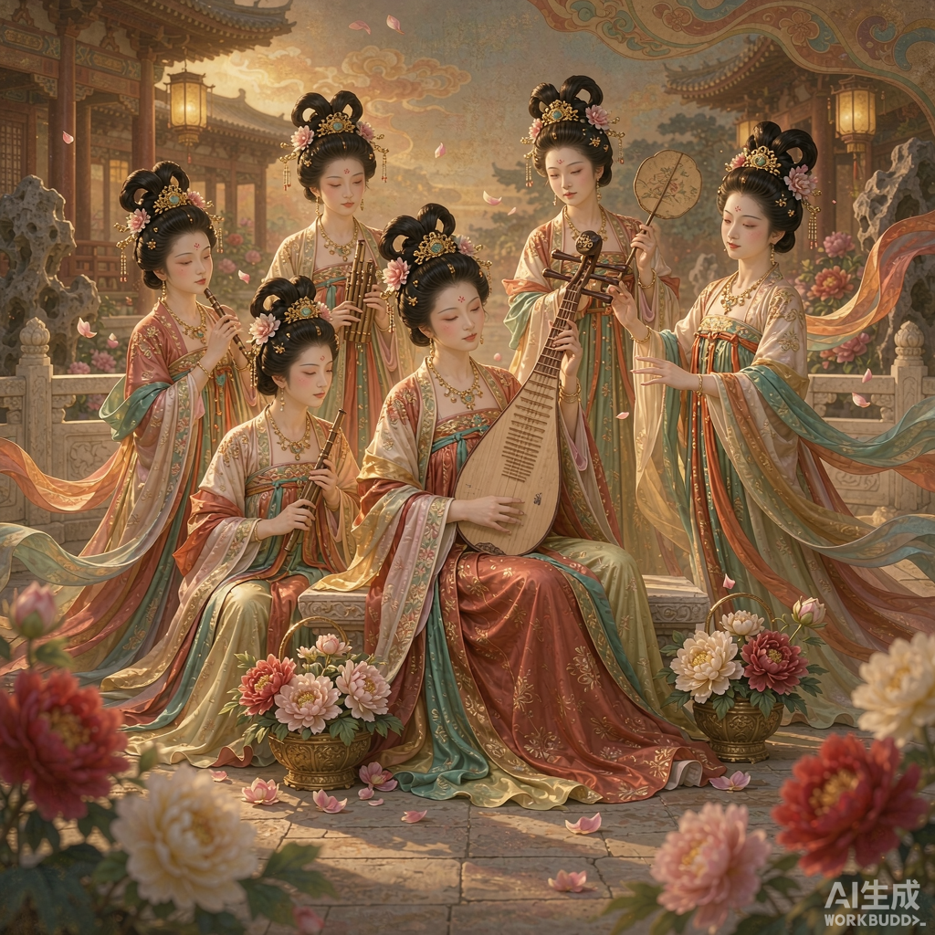 唐代仕女图风格场景：齐胸襦裙、披帛与高发髻，色彩明艳
