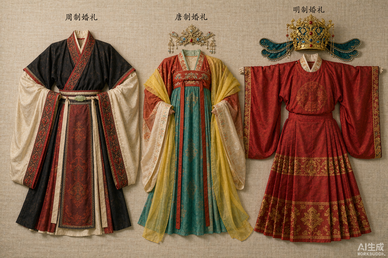周制、唐制、明制三套婚礼礼服平铺对比:周制玄色上衣配纁红下裳,唐制绯红圆领袍配青绿长裙与明黄披帛,明制大红长袄配织金马面裙与凤冠霞帔