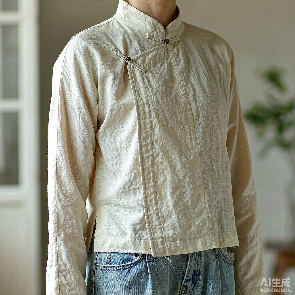 新中式的立领细节:亚麻立领上衣配盘扣,搭配现代牛仔裤