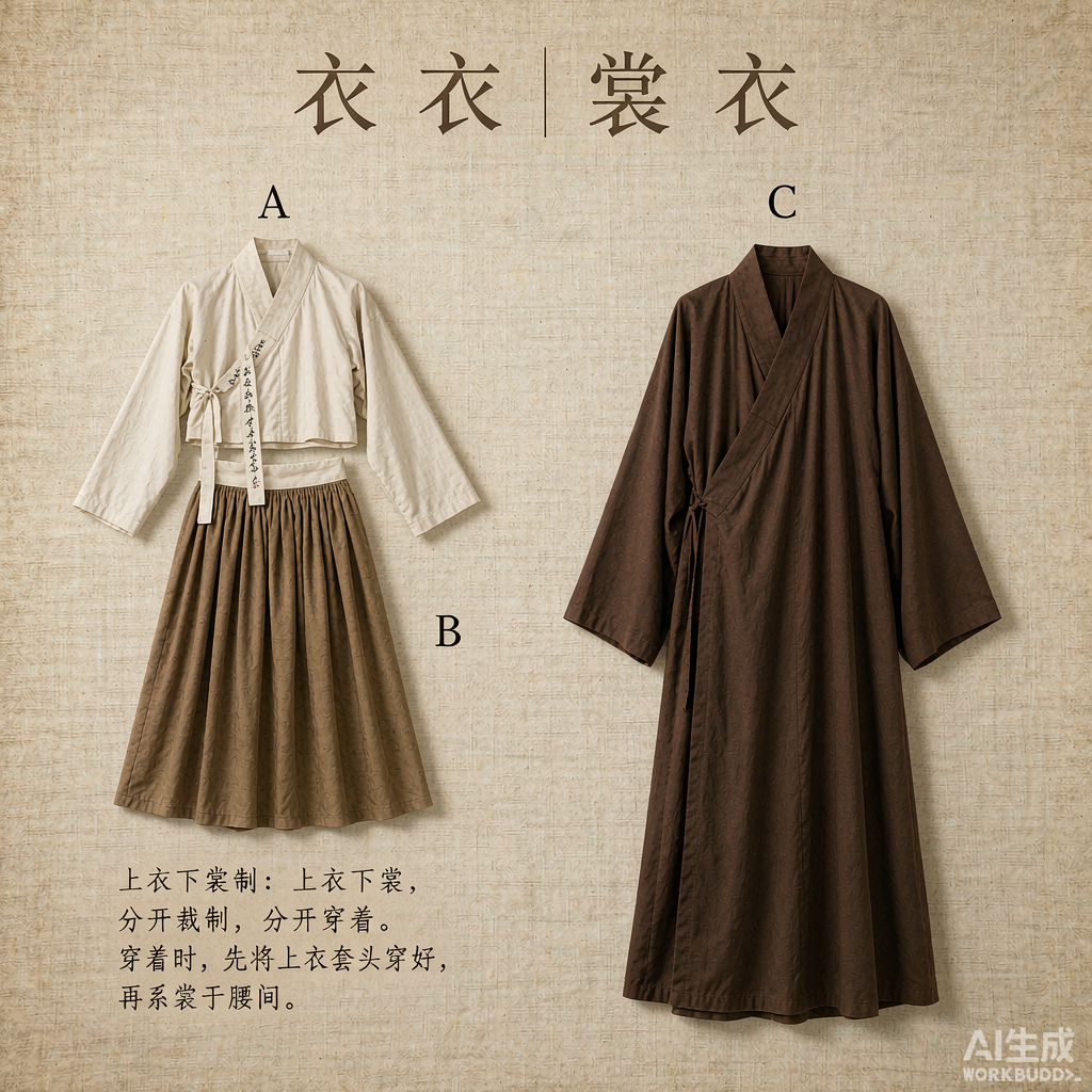 衣裳制与深衣制结构对比:左侧上下分穿,右侧缝合为一体