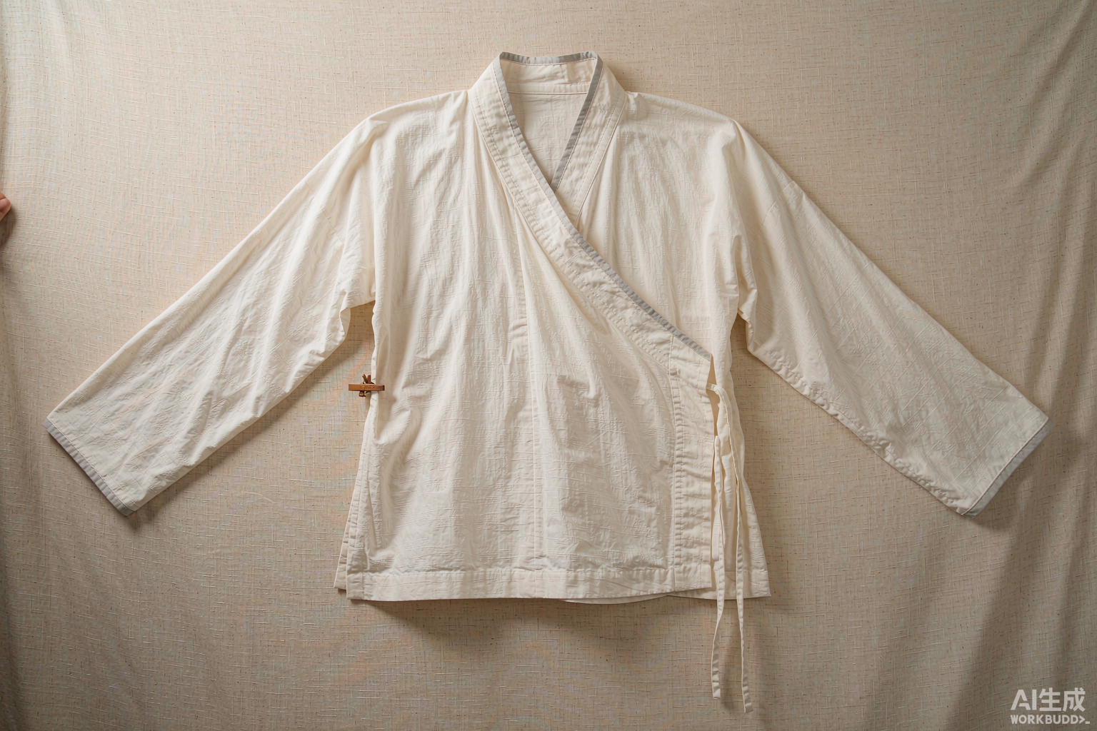 一件本白色棉布汉服中衣平铺展开:交领右衽、窄长直袖、领缘包边,衣侧有细系带