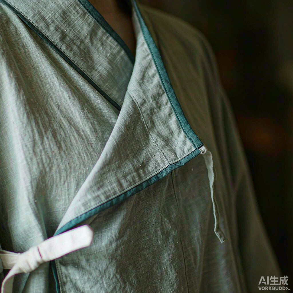 交领右衽领口的细节特写图:浅青灰色丝麻上衣的 V 字形交领,左前襟清晰地覆盖在右前襟之上、叠压关系分明,衣襟自胸前向右腋方向掩合;领口镶一圈深青色窄缘边,包边针迹平整贴服;领口右下方系一根细白布带,带端自然垂落,可见面料细密纹理与自然褶皱
