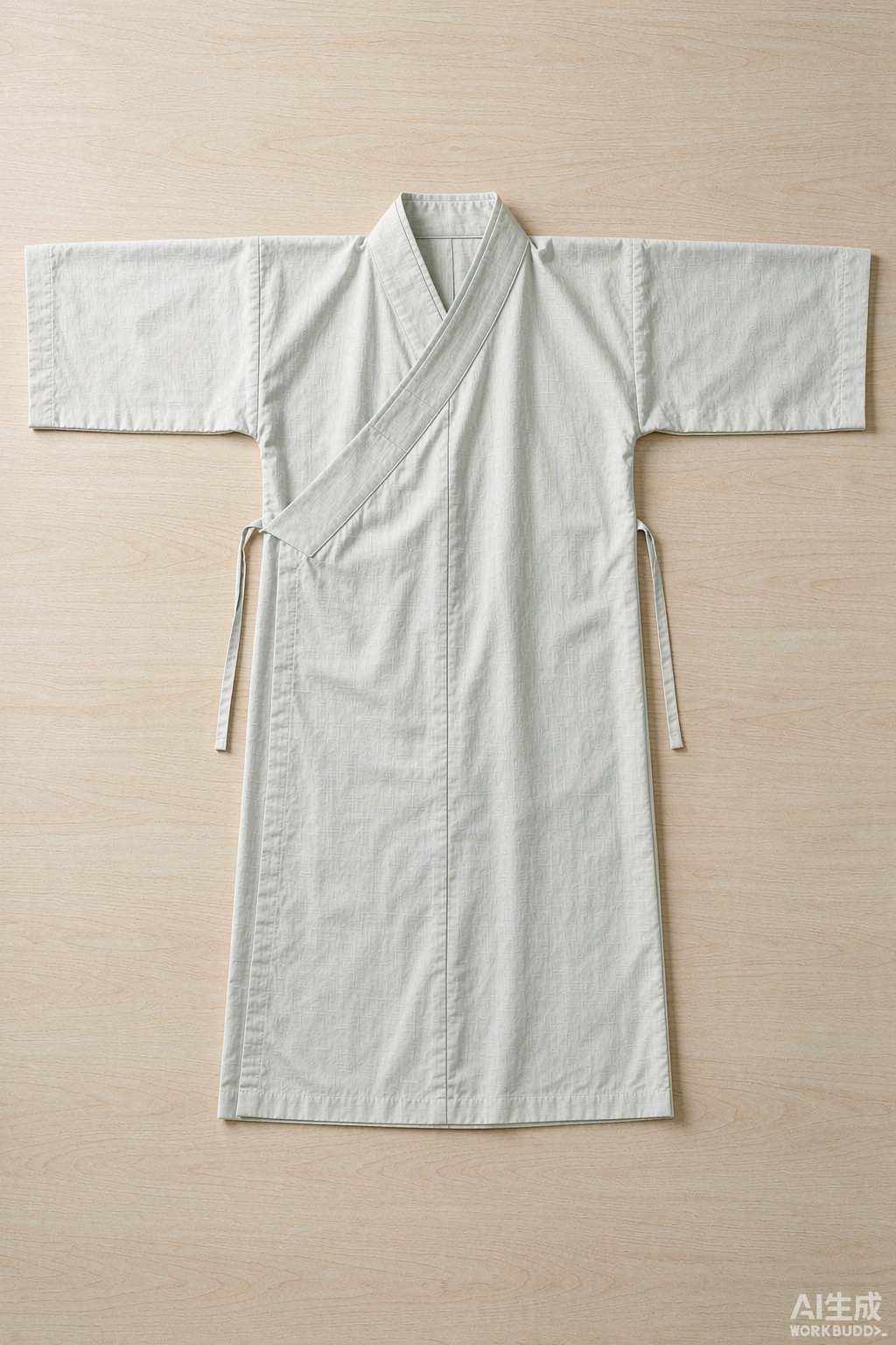月白色汉服交领长衫的完整平铺展开图,呈T字形展开,可见交领右衽的斜向叠压、矩形衣片、垂直中缝、衣侧细系带与平直下摆,无收腰省道与纽扣