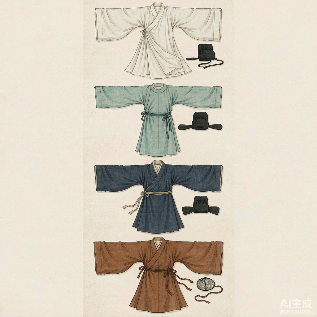 四套历代男子衣冠的平铺并列图,自上而下依次为汉代交领右衽曲裾深衣配进贤冠、唐代圆领窄袖缺胯袍配幞头、宋代直领对襟长衫配东坡巾、明代交领大袖道袍配网巾,四套均为交领或圆领右衽、平面直线裁剪、以系带束合,形制各异但属同一体系