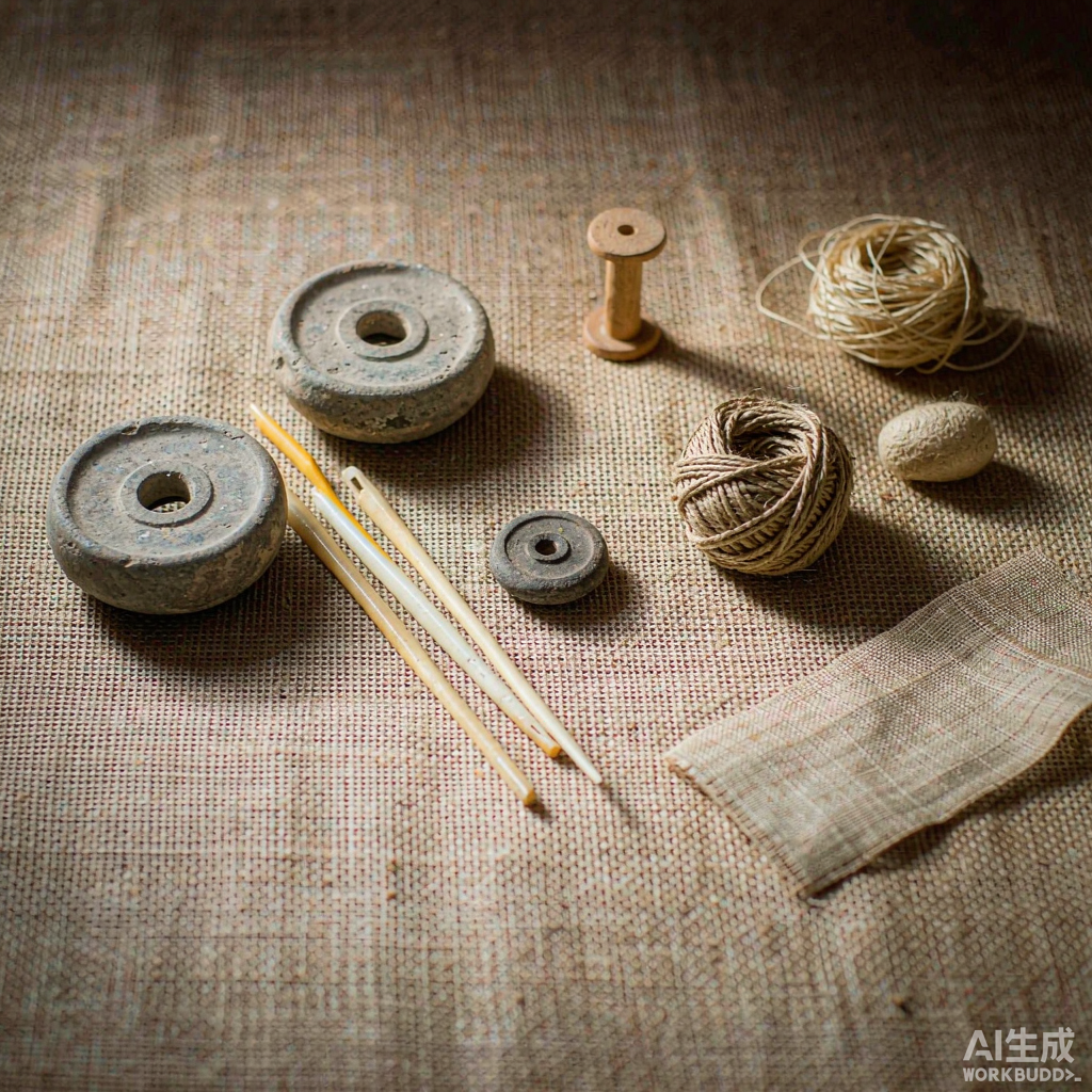 新石器时代纺织与丝织物证的静物平铺图：素色粗麻布上摆放着带孔的石制与陶制纺轮、几根细长的骨针、一枚米白色蚕茧、几团缠绕的麻线与丝线，以及一小块素色平纹丝织品，光线柔和，质地清晰