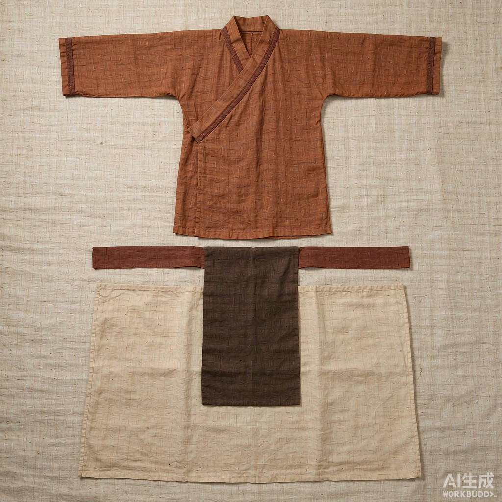 商周时期「上衣下裳」组合的平铺展示图：一件交领右衽、衣长齐膝的窄袖上衣铺在上方，下方是一条素色长裙（裳），腰间横向摆放一条宽布带，腹前垂挂一块窄长的蔽膝，整体呈上下分裁的形制，颜色以玄黑、赭石与米白为主