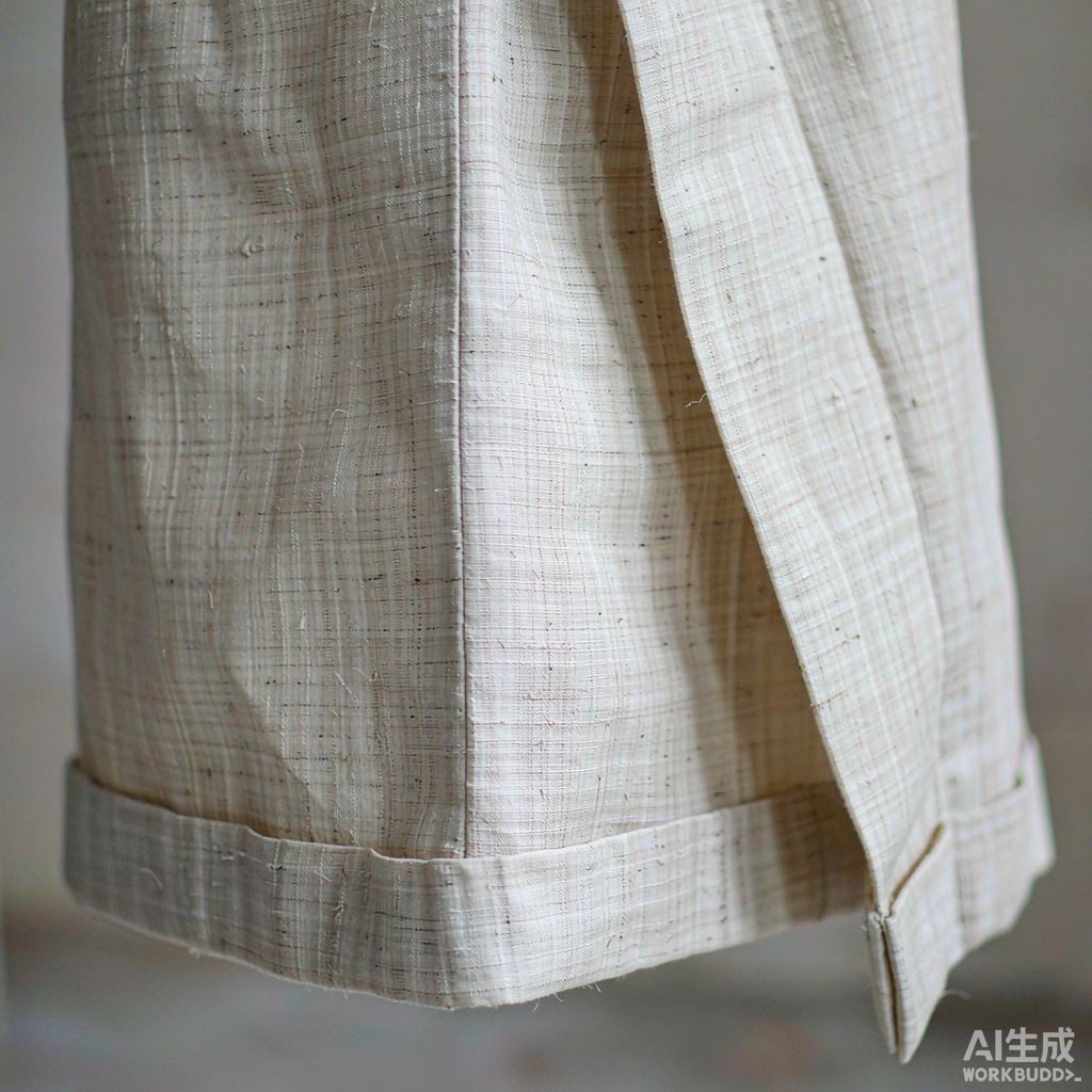 深衣结构的细节微距图：一件素色麻质深衣的侧面局部，可见上下连属的通身裁剪、衣襟斜向绕体层叠的续衽结构、笔直的背部中缝缝线，以及下摆处平整匀齐的卷边，织物纹理与手工针脚清晰可辨